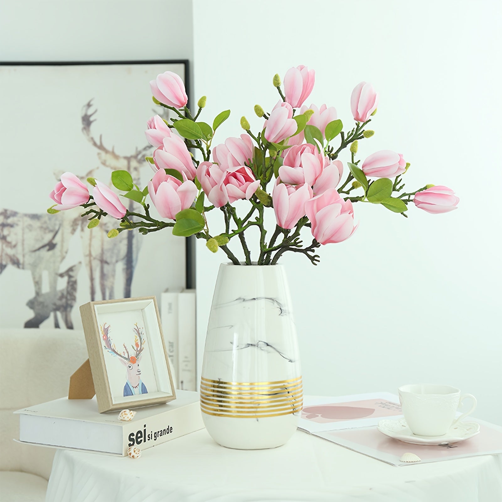 Boho Style Artificial Magnolia Flowers, 27.17" Long Stems, Plastic Floral Arrangements for Wedding Centerpieces, Home Decor, Valentine&