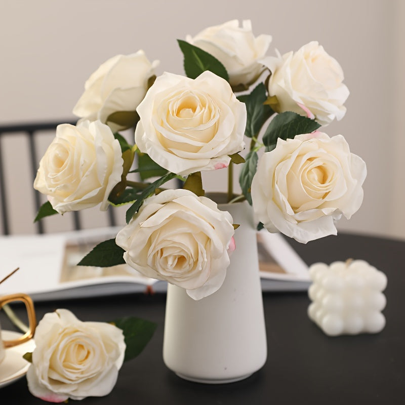 Glam Style 3-Pack Artificial Rose Swags, Real Touch Faux Flowers Bouquet with Stems, Plastic Floral Arrangements, Home Office Decor, Hanukkah Centerpiece, Outdoor Garden Decorations