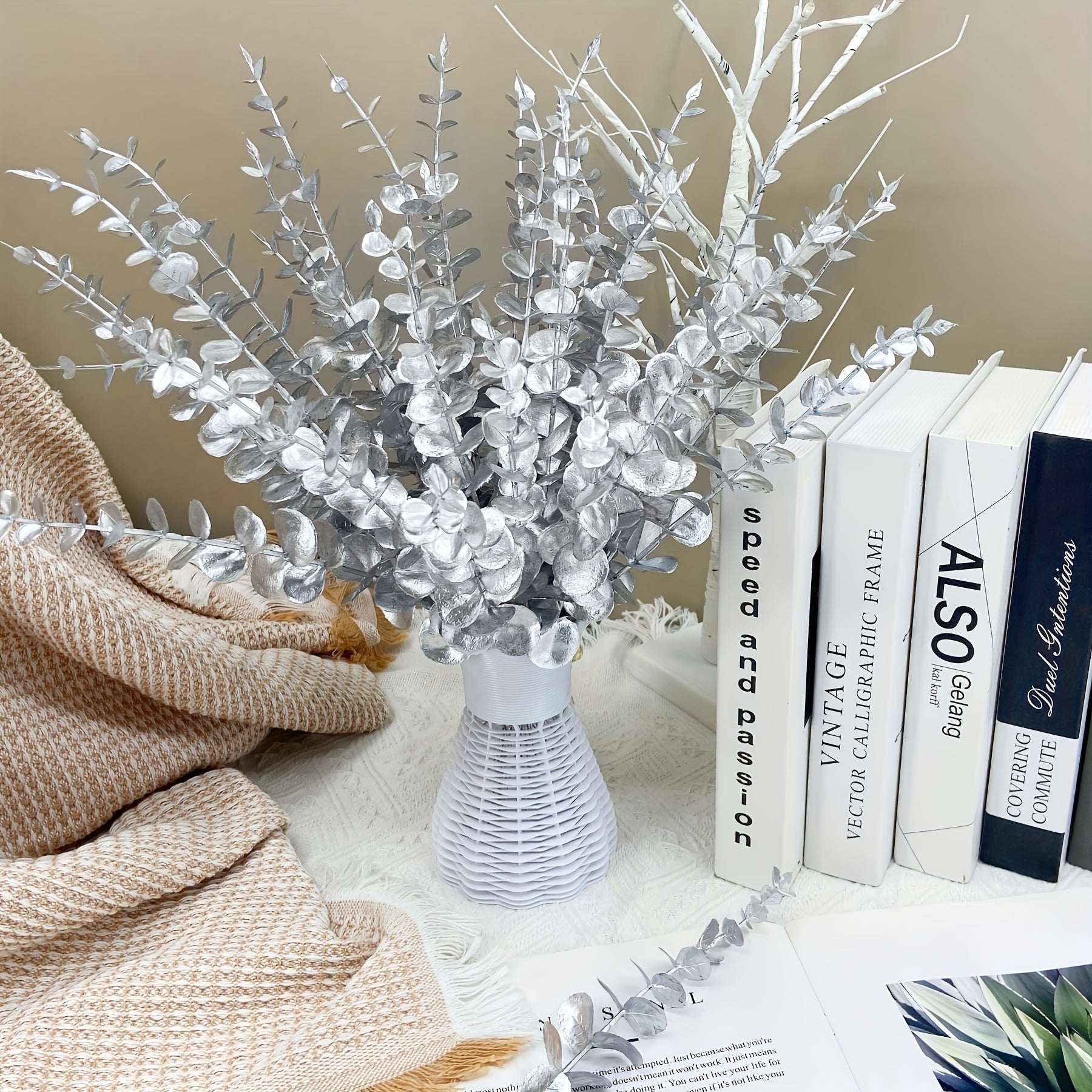 1pc/6pcs, Golden Artificial Eucalyptus Leaves, Simulated Eucalyptus Branches And Golden Flowers, Real Touch Plastic Golden Plants, Suitable For Home Arrangement Desktop Centerpiece Christmas Decoration, Autumn DecorationThanksgivingHalloweenChristmas