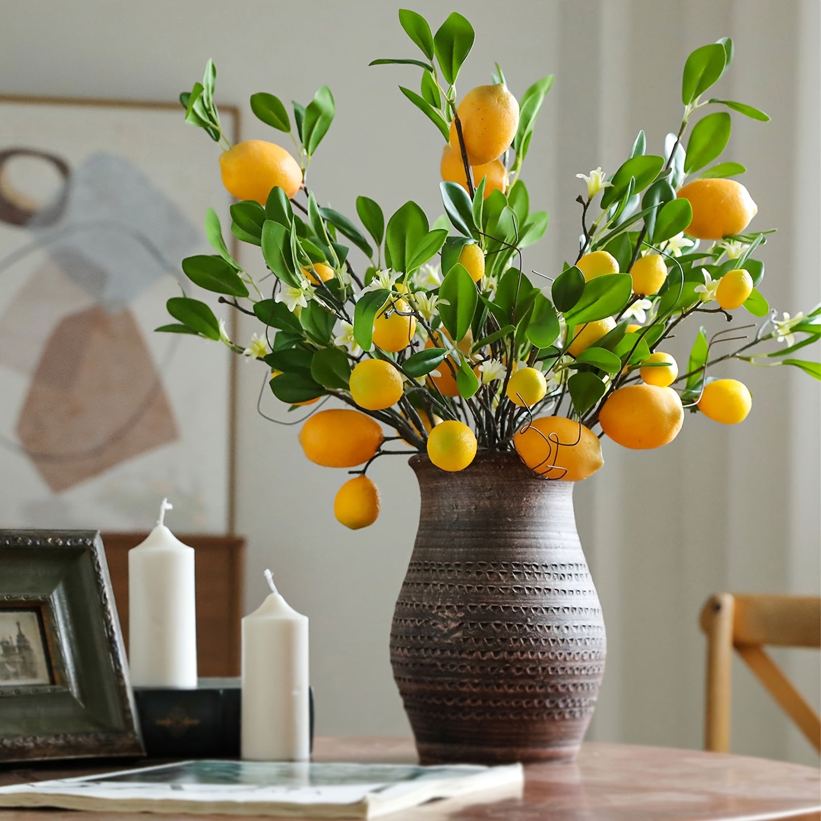 Art Deco Style 1/3/6pcs Artificial Lemon Branches with Green Leaves, 20.4" Plastic Faux Fruit Flowers for Home Office Decor, Seasonal Holiday Themes - Christmas, Valentine&
