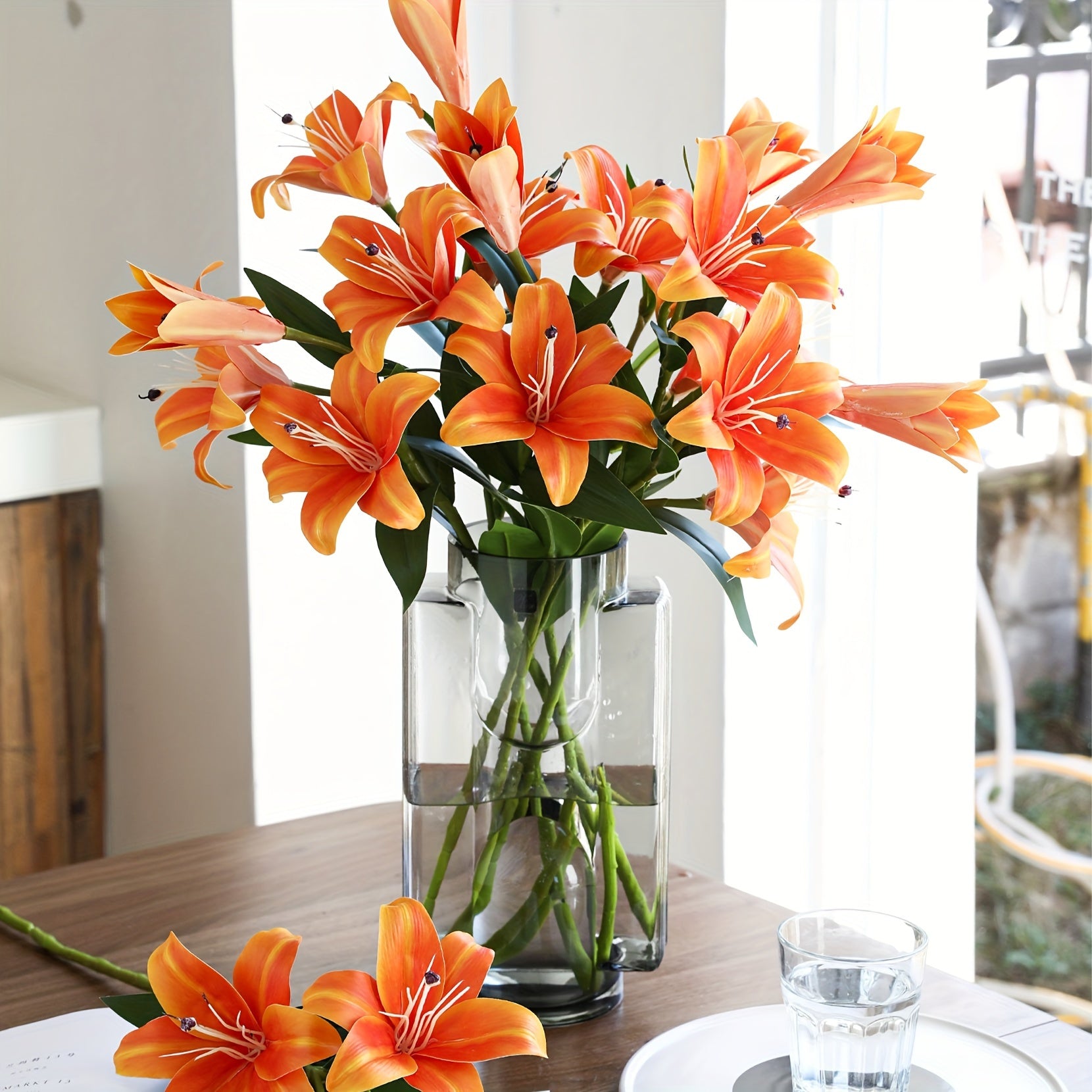 6pcs Artificial Lilies, 28.74 Inch Long Stem Real Touch Silk Imitation Lily with 3 Lily Buds - Artificial Tiger Lily Bouquet, Easter, Thanksgiving for Table Wedding Home Party Office Decoration Tall Vase (Orange, White, Pink)