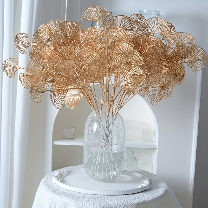 3-Pack Golden Ginkgo Leaves Artificial Stems – Versatile Fake Foliage for Home Decor, Living Room, Tabletop, DIY Craft, Wedding, Garden, Spring & Chinese New Year Decorations without Container
