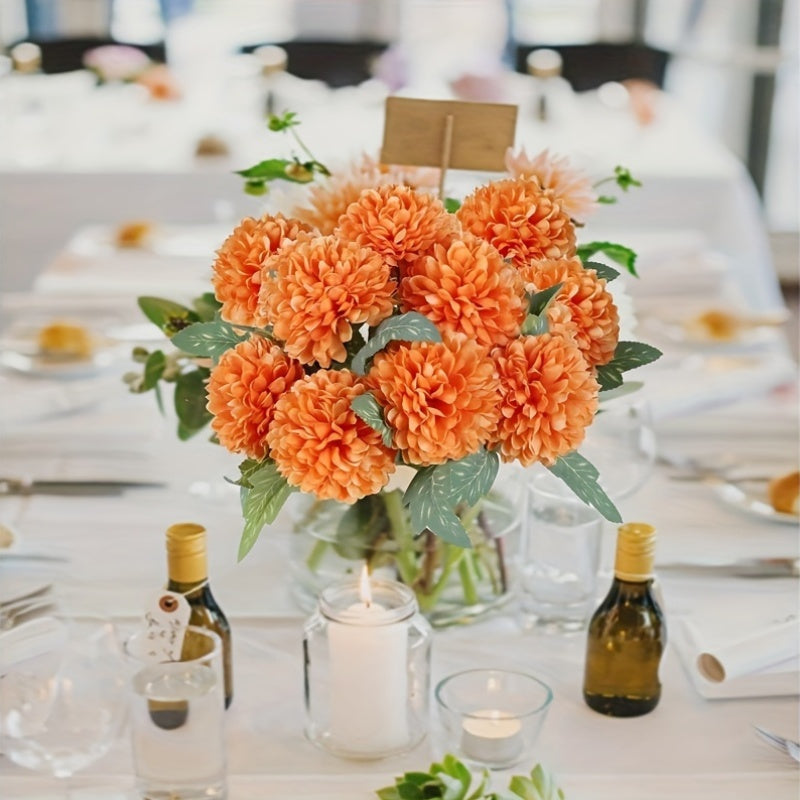 10pcs Boho Style 12in Orange Chrysanthemum Artificial Flowers - Silk Faux Autumn Mums for Home Decor, Fall Farmhouse Wedding Bouquets, Table Centerpieces, Christmas, Halloween, Thanksgiving, Valentine&