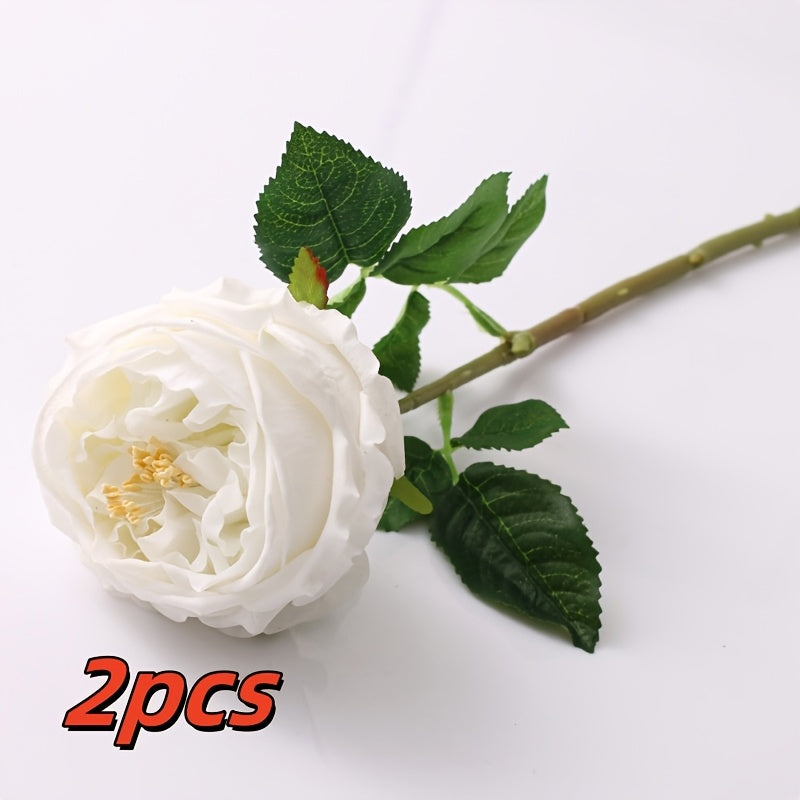 2pcs UKELER Real Touch Latex Pink Austin Roses, Plastic Artificial Flowers for Wedding Bouquet, Home Decor, Tabletop Arrangement, Thanksgiving, Christmas, Easter, Valentine&