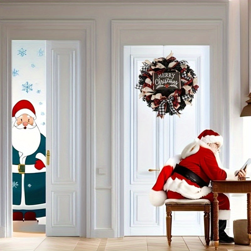 1pc Festive Fabric Christmas Wreath with Black Faux Leaves and Bow - Wall Mountable Holiday Decor for Home, Living Room, Kitchen, Door, Window, Patio, Wedding, Christmas, Thanksgiving, New Year, Mother&