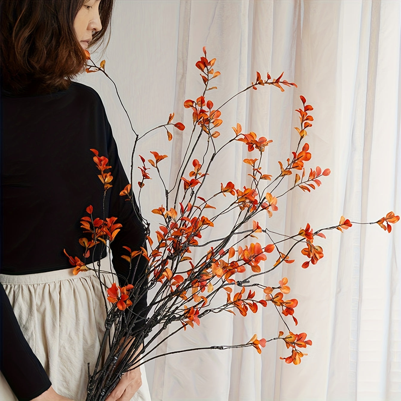 2pcs Faux Fall Plant Stems - Autumn Vine Branches for Home, Office, Event Decor - Plastic Tabletop Greenery for All Seasons, Ideal for Thanksgiving, Christmas, Halloween, Mother&