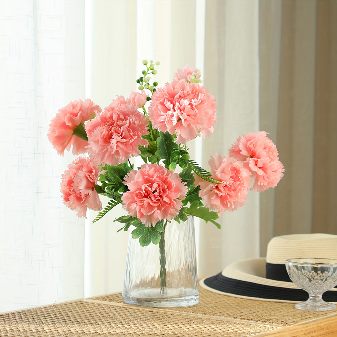 Boho Style Artificial Carnation Flowers with Stems, 10-Head Silk Pink Faux Floral Arrangement for DIY Home, Bridal Wedding, Birthday Party, Desk, Kitchen, Office Decor, Mother&