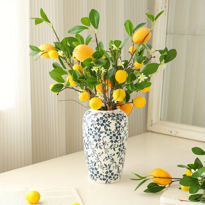 Art Deco Style 1/3/6pcs Artificial Lemon Branches with Green Leaves, 20.4" Plastic Faux Fruit Flowers for Home Office Decor, Seasonal Holiday Themes - Christmas, Valentine&