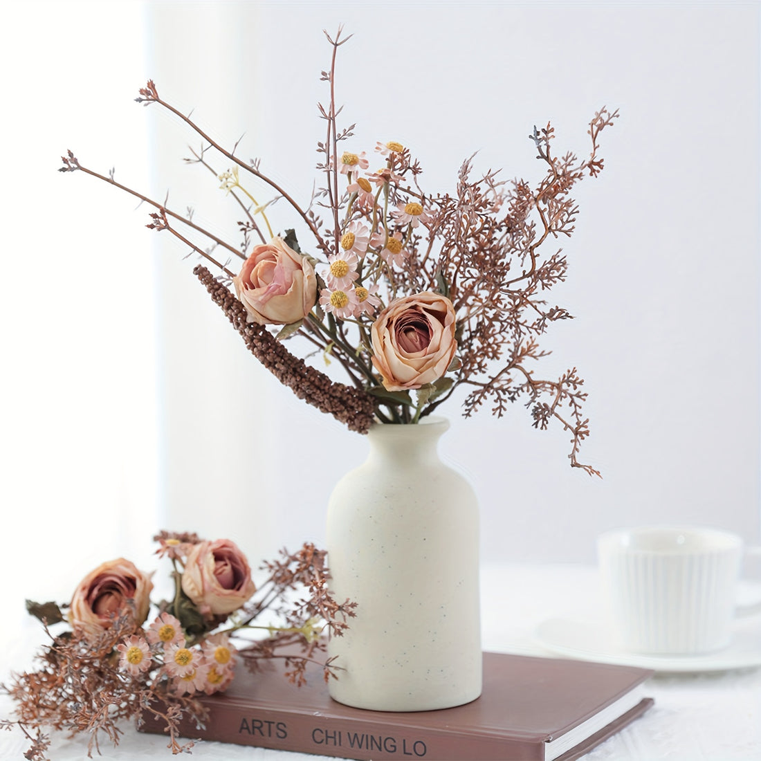 Boho Plastic Artificial Rose and Daisy Swag, Floral Bouquet for Home and Bohemian Wedding Decor, Faux Bridal Handheld Flowers, Table Centerpiece for Spring, Summer, Fall, Christmas, Thanksgiving, Valentine&