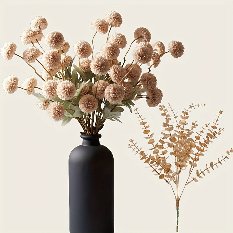 5pcs Beige Artificial Mums &amp; 1pc Eucalyptus - Silk Faux Kiku &amp; Cream Pom Pom Flowers, Plastic Home Decor for Various Room Types, Tabletop Floral Arrangements for Christmas, Easter, Thanksgiving, Mother&