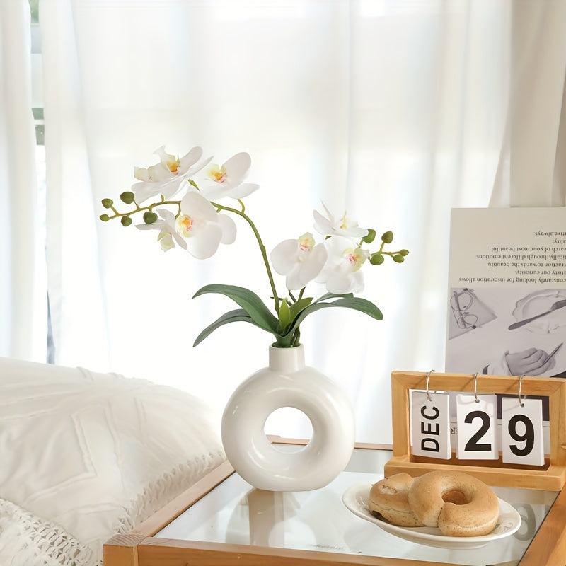 Boho Chic White Donut Vase with 2-Prong Artificial Orchid - Perfect for Weddings, Engagements &amp; Home Decor - Durable Plastic Construction, Phalaenopsis Potted Plant, Bottle Ceramic