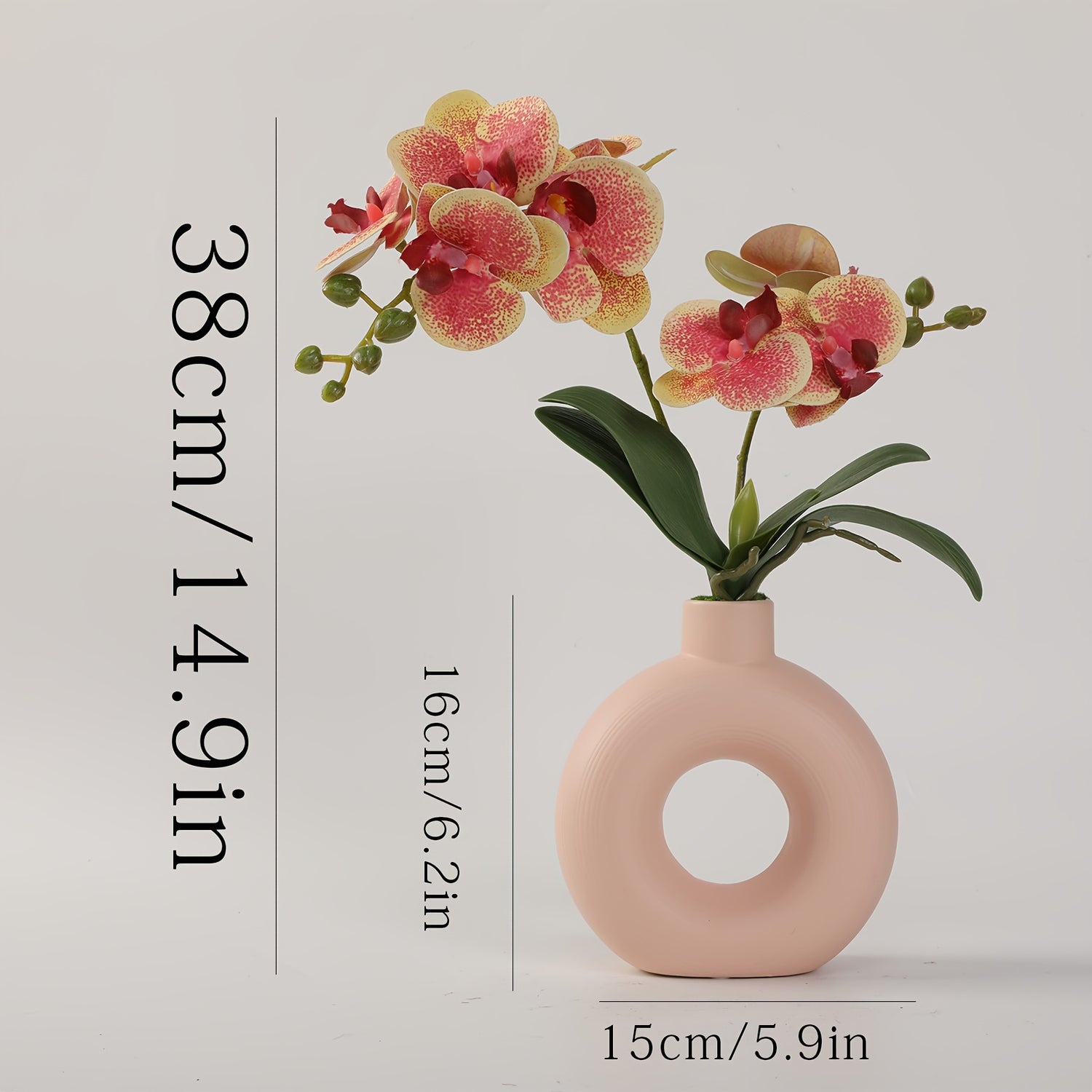 Boho Chic White Donut Vase with 2-Prong Artificial Orchid - Perfect for Weddings, Engagements &amp; Home Decor - Durable Plastic Construction, Phalaenopsis Potted Plant, Bottle Ceramic