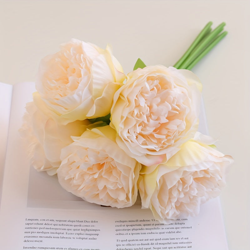 5pcs Bohemian Style Peony Artificial Flower Bouquet - Versatile Plastic Floral Arrangement for Wedding, Bridal Shower, Home Decor | Ideal for Christmas, Valentine&