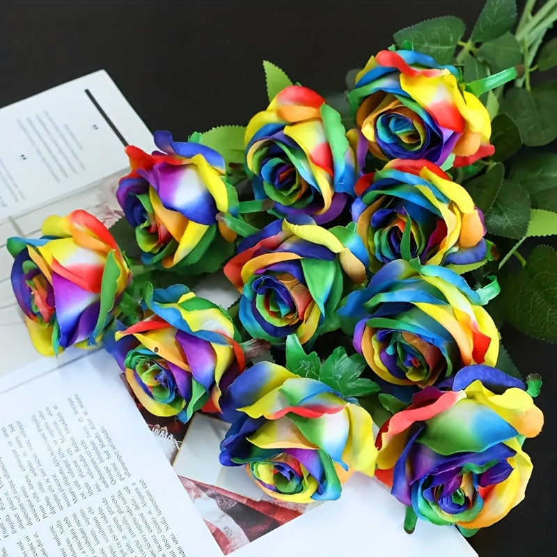 6pcs, Artificial Flowers Rainbow Roses Silk Flowers Fake Long Stem Artificial Colorful Roses for Home Wedding Bathroom Kitchen Decorations (Colorful)