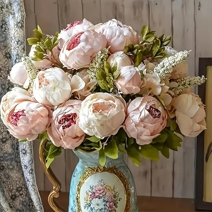 Duovlo Artificial Peony Silk Flowers, Versatile Plastic Faux Peonies for Home Decor, Tabletop Display with No Container Included for Wedding, Thanksgiving, Christmas, Easter, Mother&