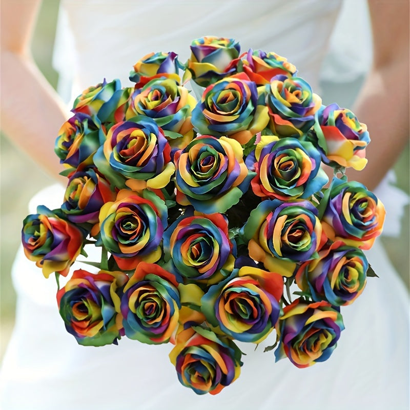 6pcs, Artificial Flowers Rainbow Roses Silk Flowers Fake Long Stem Artificial Colorful Roses for Home Wedding Bathroom Kitchen Decorations (Colorful)