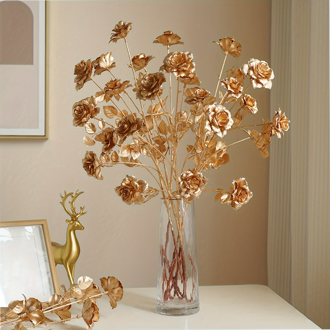 6pcs Golden Artificial Ginkgo Leaves Set with Roses &amp; Hydrangeas - Realistic Faux Plant Stems for Vase Fillers, Home &amp; Garden Decor, Wedding Accents, Winter Christmas Table Settings, Spring DIY Crafts, for Spring