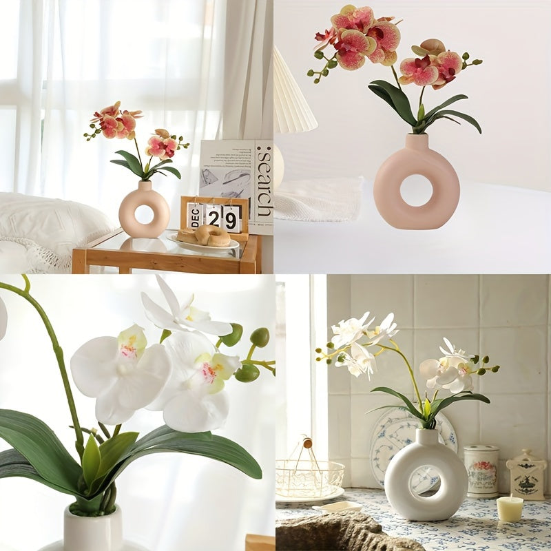 Boho Chic White Donut Vase with 2-Prong Artificial Orchid - Perfect for Weddings, Engagements &amp; Home Decor - Durable Plastic Construction, Phalaenopsis Potted Plant, Bottle Ceramic