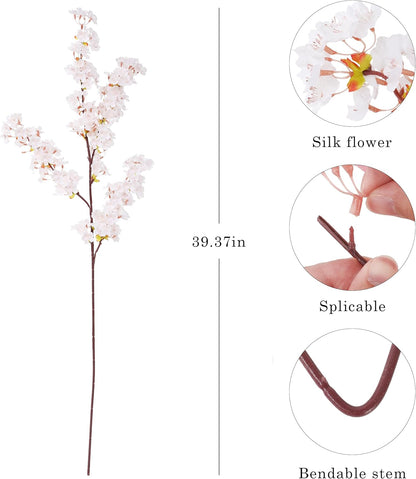 Artificial Cherry Blossom Branches 3Pcs 40" Faux Silk Cherry Blossom, Fake Flowers with Leaves Bouquet Decorations for Home Living Room Bedroom Table Centerpiece Vase Wedding Decor (White)