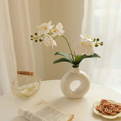 Boho Chic White Donut Vase with 2-Prong Artificial Orchid - Perfect for Weddings, Engagements &amp; Home Decor - Durable Plastic Construction, Phalaenopsis Potted Plant, Bottle Ceramic