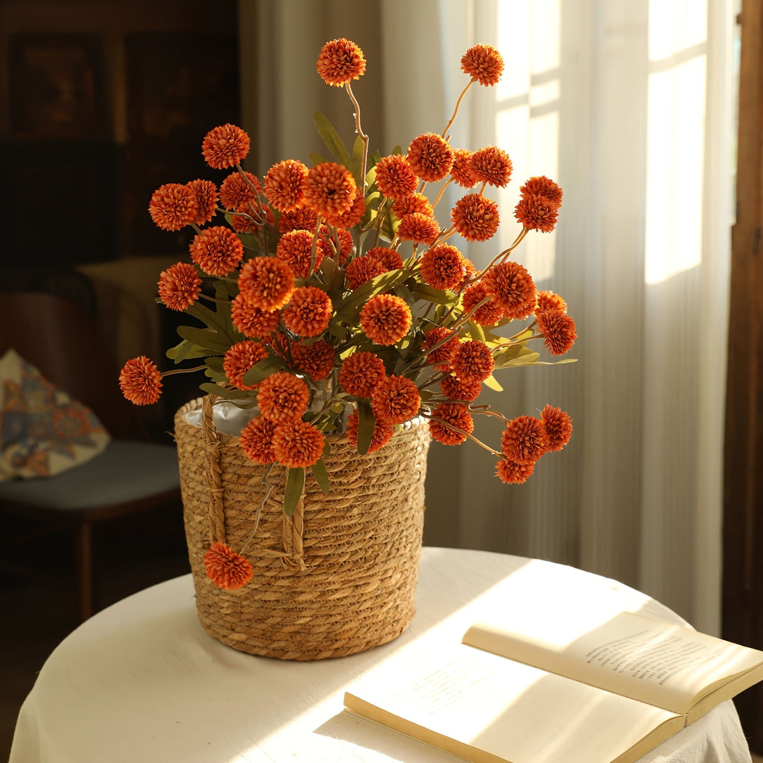 6pcs 5 Autumn Dandelions, Rayon Flowers Realistic Flower Wedding Party Decoration, Suitable for Indoor and Outdoor Home Autumn Thanksgiving Decoration (Orange)