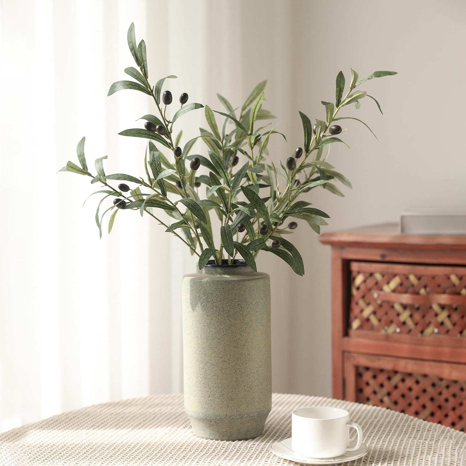 Artificial Olive Branch Greenery Plants,Fake Plants Green Faux Silk Leaves Fake Tree Branches Stems Bushes for Home, Office, Weddings, Room, Party, Vase Decorative(3 Branches, 28.3 inch/Each)