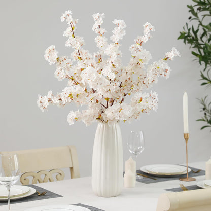 Artificial Cherry Blossom Branches 3Pcs 40" Faux Silk Cherry Blossom, Fake Flowers with Leaves Bouquet Decorations for Home Living Room Bedroom Table Centerpiece Vase Wedding Decor (White)