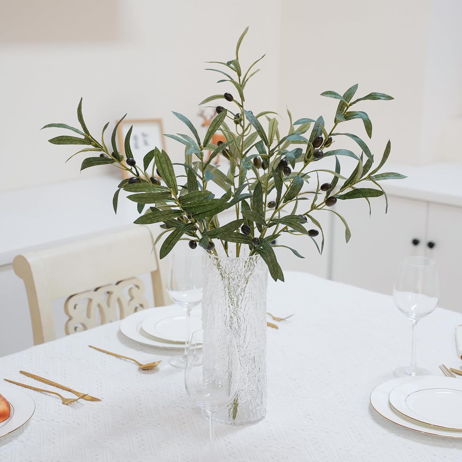 Artificial Olive Branch Greenery Plants,Fake Plants Green Faux Silk Leaves Fake Tree Branches Stems Bushes for Home, Office, Weddings, Room, Party, Vase Decorative(3 Branches, 28.3 inch/Each)