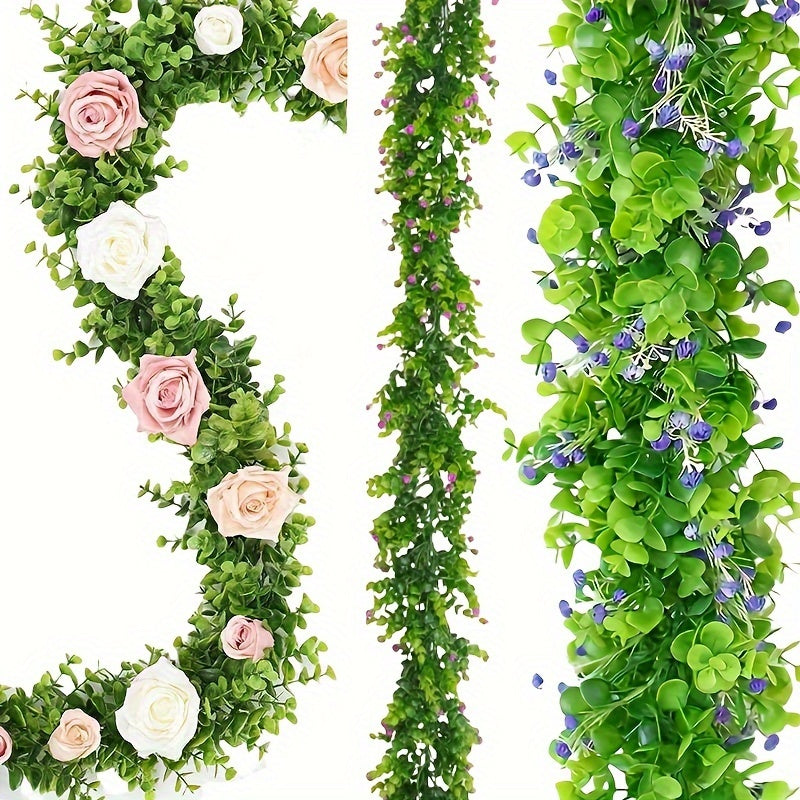 Artificial Eucalyptus Garland, 1 Pack Plastic Greenery Vines Hanging Decor, Fake Foliage Flower Chain for Wedding, Engagement, Birthday Dinner Decorations, Multi-Seasonal Holiday Floral Decor Without Electricity