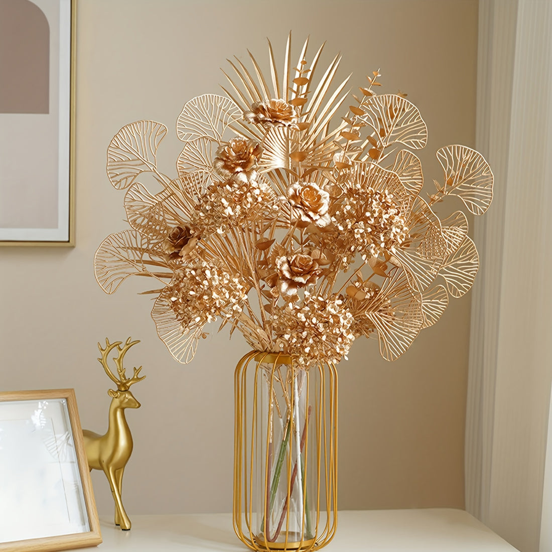 6pcs Golden Artificial Ginkgo Leaves Set with Roses &amp; Hydrangeas - Realistic Faux Plant Stems for Vase Fillers, Home &amp; Garden Decor, Wedding Accents, Winter Christmas Table Settings, Spring DIY Crafts, for Spring