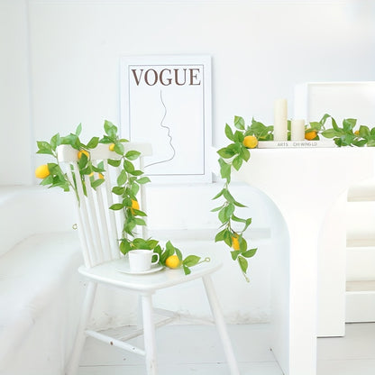 1pc, Artificial Lemon Garland, 70.87In,Spring Greenery Garland with Lemons And Green Eucalyptus Leaves, Artificial Lemon Vine Garland Wreath for Front Door Kitchen Party Table Wedding Decor