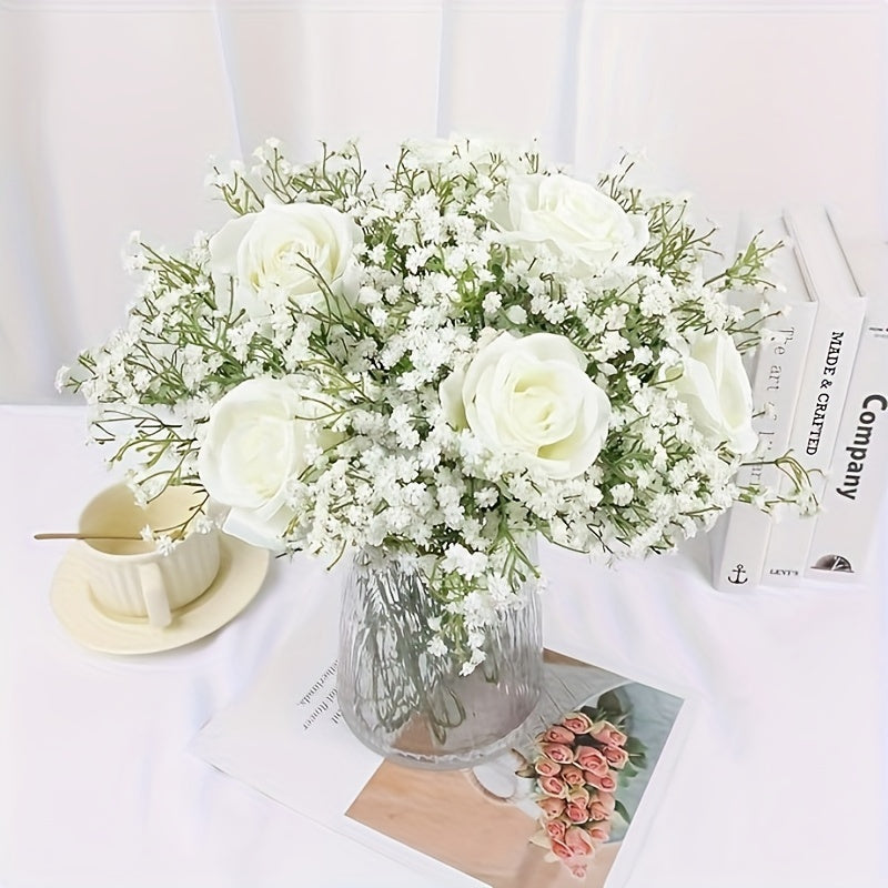 6/10pcs Gypsophila Artificial Flowers, Fake Flowers Gypsophila Bouquet Autumn Artificial Flowers for Decoration, Real Touch Silk Flowers for Wedding Christmas DIY Party Home Garden Office Decoration (White, Blue)