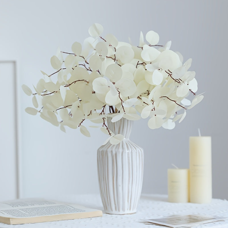6pcs Artificial Eucalyptus Stems with White Silk Apple Leaves, 16.14" Tall Faux Eucalyptus Branches for Home Decor, Party, Wedding Flowers Arrangements - 2 Bundles, Eucalyptus Garland, Longoutdoor, Festive Decorations, Bouquets