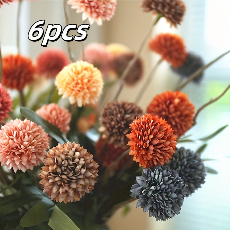 6pcs Autumn Dandelion Artificial Flowers Set - Faux Chrysanthemum Balls for Thanksgiving, Halloween &amp; Harvest Decor | Versatile Home &amp; Wedding Accents