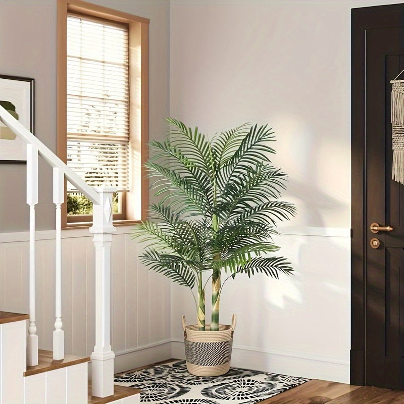 Artificial Palm Tree 4 Feet - UV Resistant Plastic Faux Plant with Pre-Potted Container for Indoor and Outdoor Decor, All-Season Floor Placement, No Electricity Needed