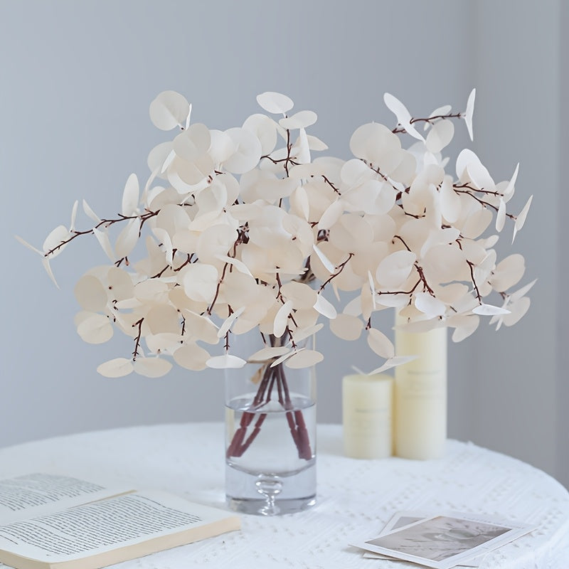 6pcs Artificial Eucalyptus Stems with White Silk Apple Leaves, 16.14" Tall Faux Eucalyptus Branches for Home Decor, Party, Wedding Flowers Arrangements - 2 Bundles, Eucalyptus Garland, Longoutdoor, Festive Decorations, Bouquets