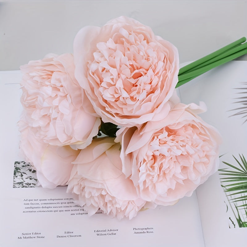 5pcs Royal Peony Artificial Flowers, Polyester Peony Bouquet for Home Decor - Ideal for Christmas, Easter, Valentine&
