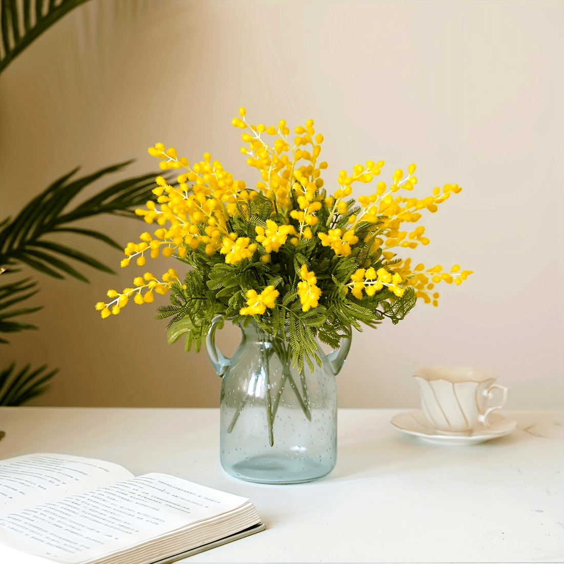 Classic Style Artificial Yellow Mimosa Flowers - Realistic Touch Faux Acacia Swags for Floral Arrangements, Centerpiece Decorations, Bridal &amp; Engagement Party Supplies - Plastic Flower Decor for Home, Christmas, Halloween, Thanksgiving, Labor Day, Lei Day