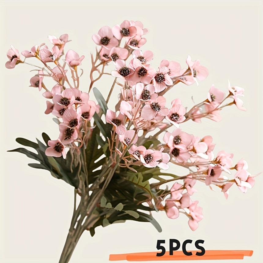 5pcs Artificial Silk Plum Blossom Stems, Faux Cherry Flowers with Realistic Petals, Home &amp; Wedding Party Decor, Fall Farmhouse Room Decor, Valentine&