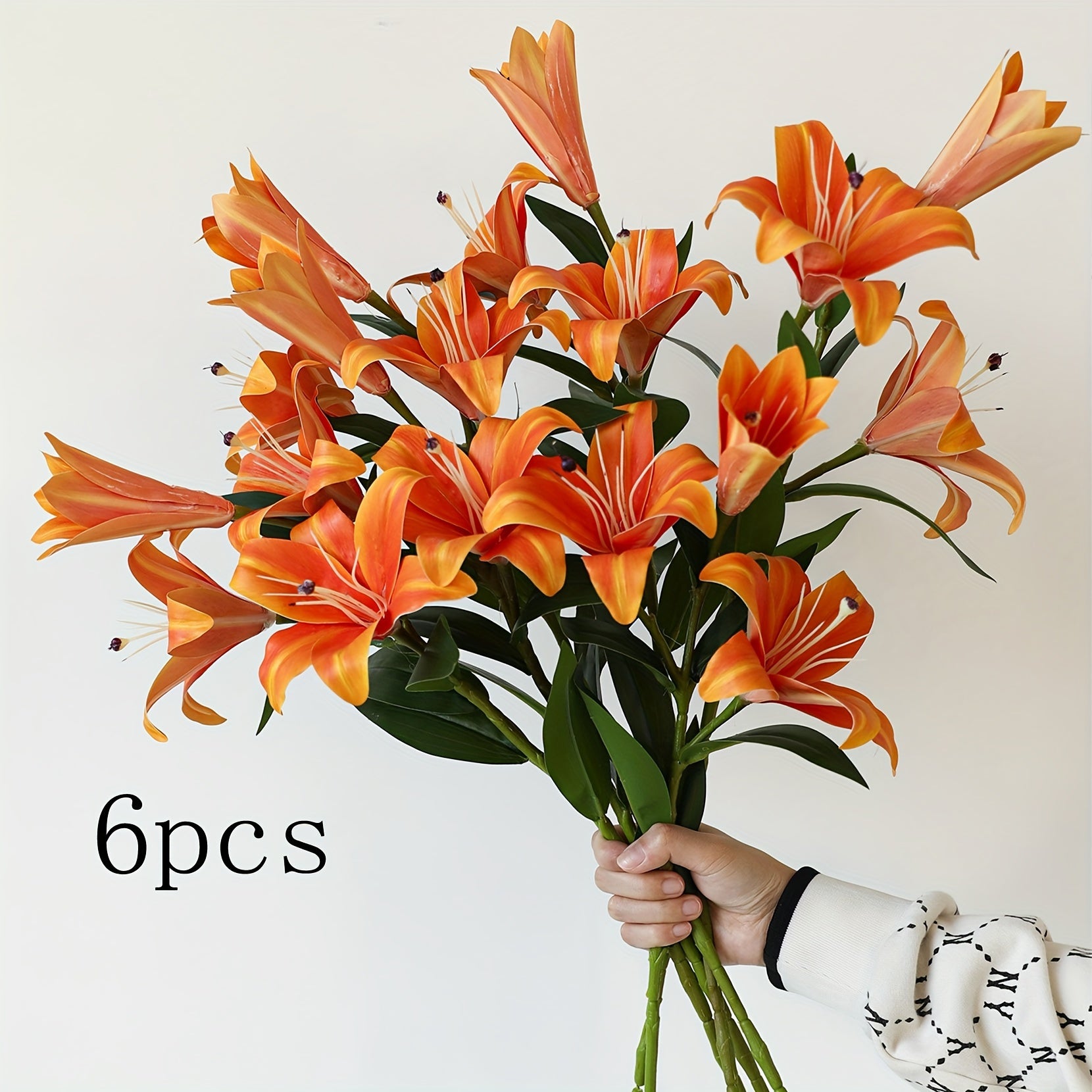 6pcs Artificial Lilies, 28.74 Inch Long Stem Real Touch Silk Imitation Lily with 3 Lily Buds - Artificial Tiger Lily Bouquet, Easter, Thanksgiving for Table Wedding Home Party Office Decoration Tall Vase (Orange, White, Pink)