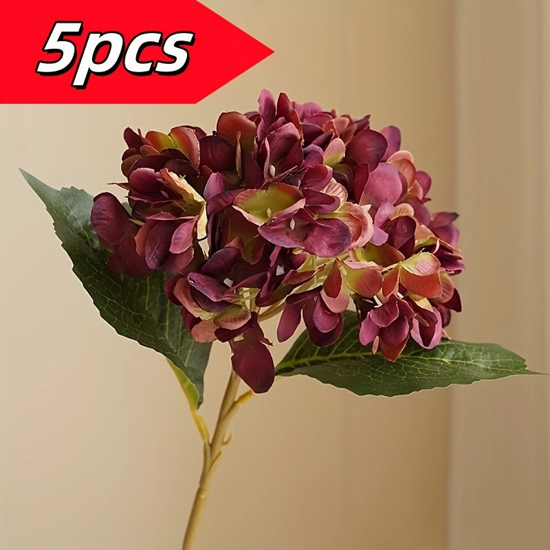 5pcs Stunning Two-Leaf Hydrangea Bouquet - Realistic Silk Flowers with Summer Embellished Stems, Ideal for Home Decor, Weddings, and Parties