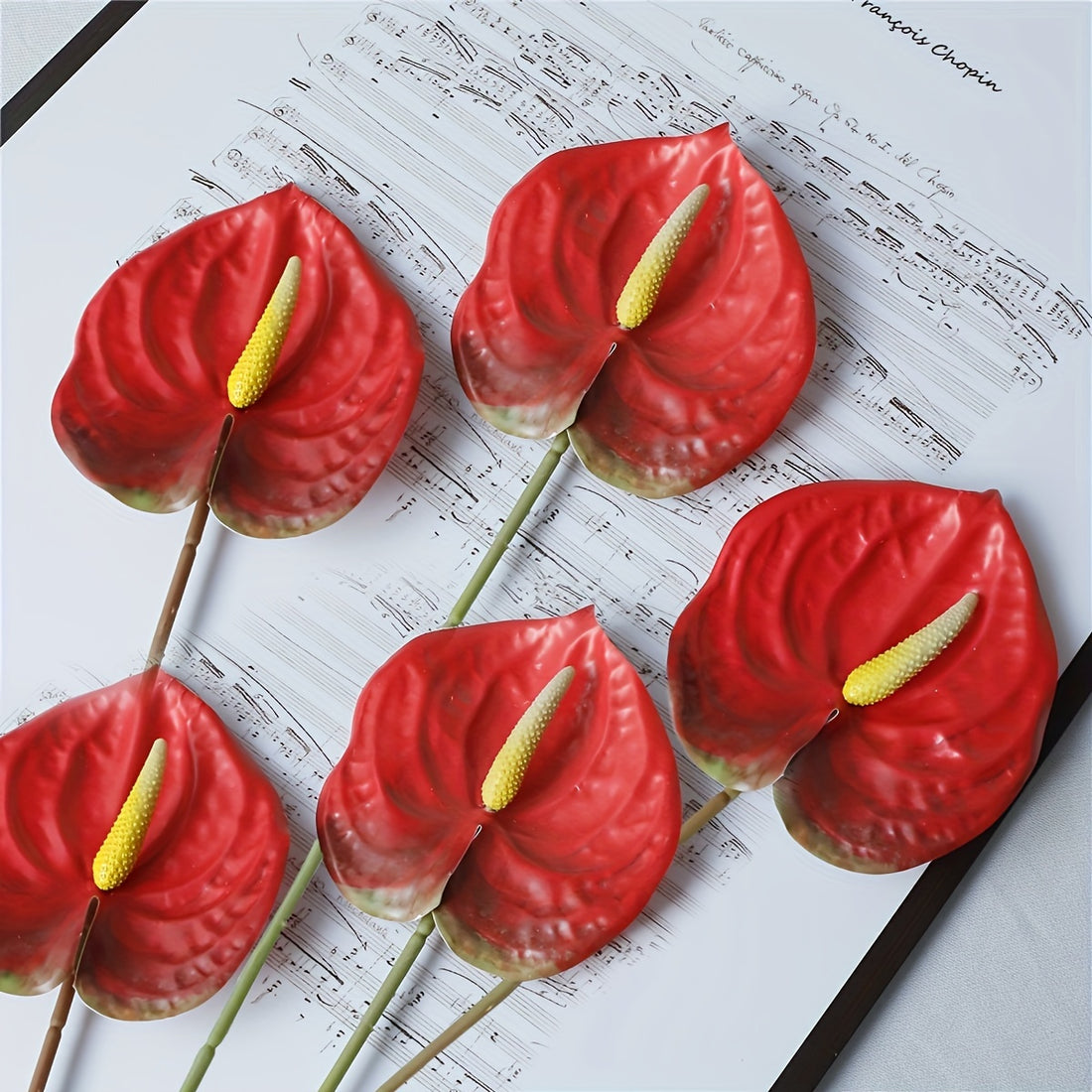 5-Pack Exquisite Art Deco Style Long Stem Artificial Anthurium Flowers - Vibrant, Realistic, and Durable Plastic Floral Decor for Home, Kitchen, Living Room, Bouquet Arrangements, Wedding &amp; Engagement, Seasonal Festivities, and Everyday Decor - Easy to Cl