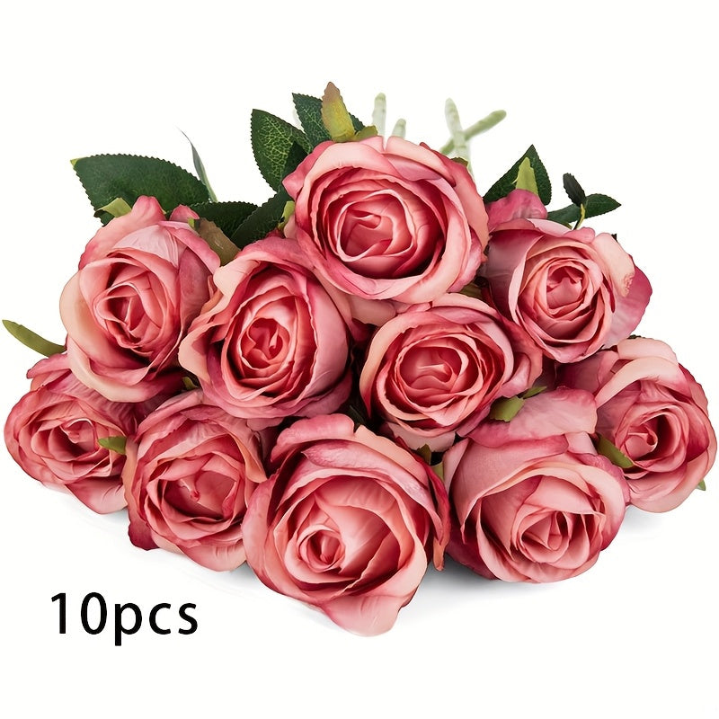 DuHouse 5/10pcs Artificial Silk Roses Fake Flowers Bouquet Long Stems for Wedding Home Party Decoration