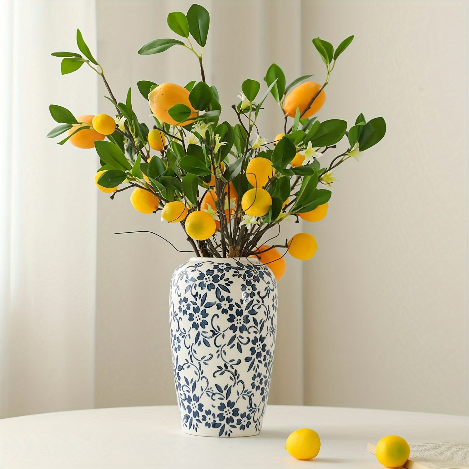 Art Deco Style 1/3/6pcs Artificial Lemon Branches with Green Leaves, 20.4" Plastic Faux Fruit Flowers for Home Office Decor, Seasonal Holiday Themes - Christmas, Valentine&