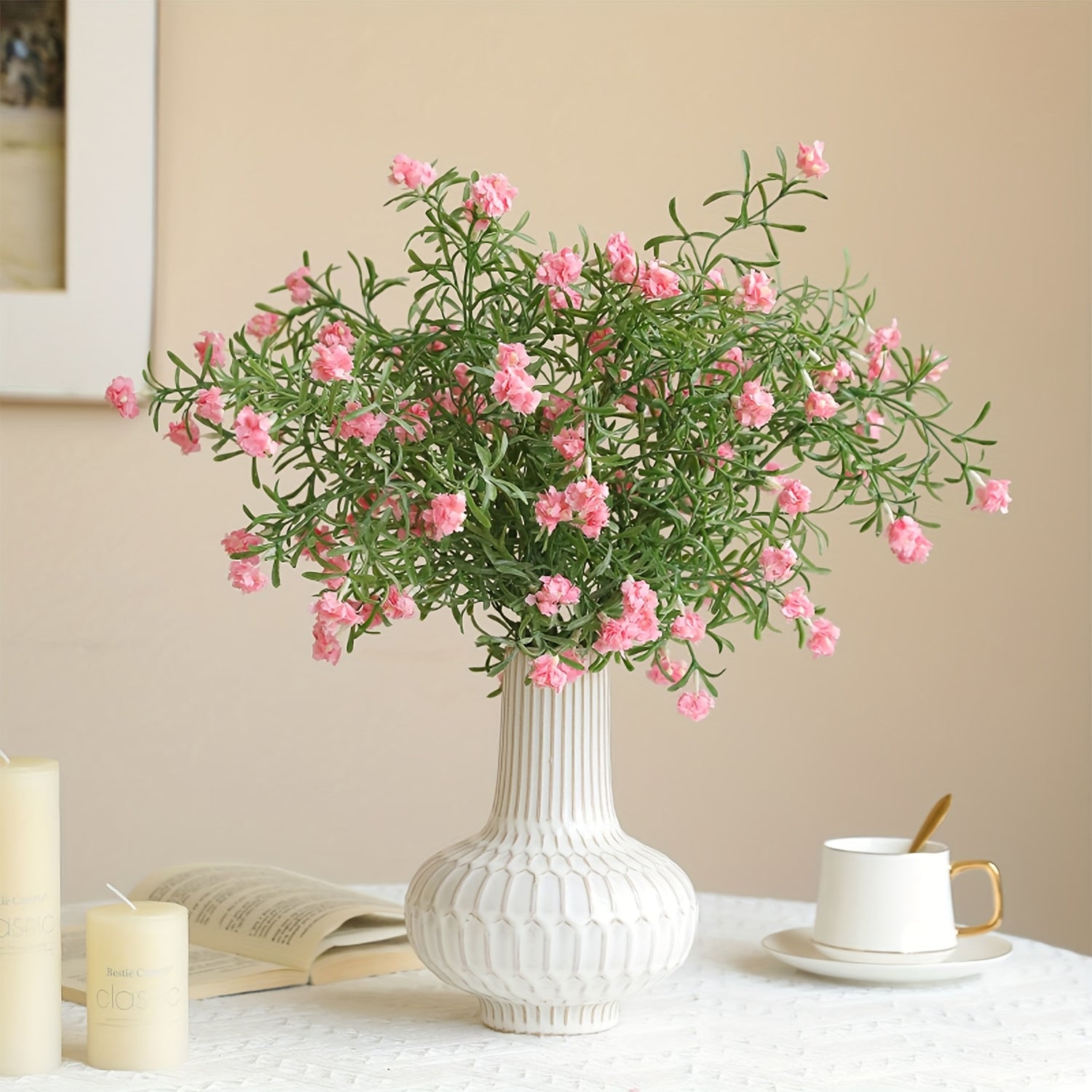 Boho Style Artificial Flower Swags, 3 Branches Plastic Gypsophila &amp; Cherry Blossom Bundle - Faux Silk Flower Bunch for Wedding, Bachelorette, Restaurant &amp; Home Decor - Ideal for Christmas, Valentine&