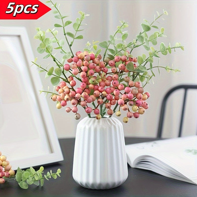 5pcs Artificial Eucalyptus with Berries - Plastic Faux Greenery for Home, Office, Wedding, Room Decor - No Electricity or Feathers Required - Perfect for DIY, Autumn, Halloween, Thanksgiving, Christmas Decorations