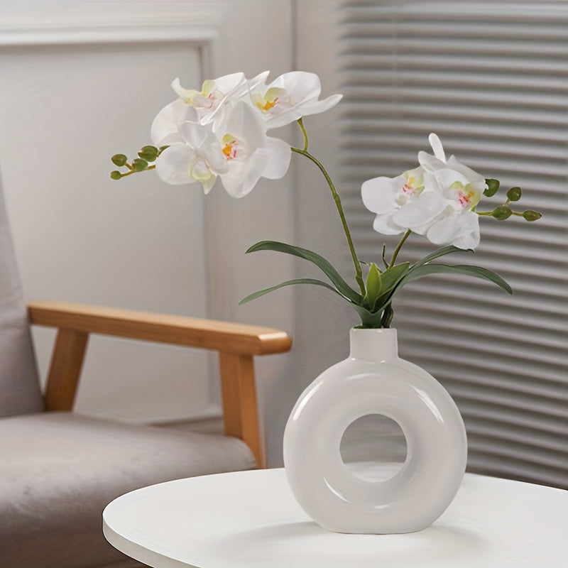 Boho Chic White Donut Vase with 2-Prong Artificial Orchid - Perfect for Weddings, Engagements &amp; Home Decor - Durable Plastic Construction, Phalaenopsis Potted Plant, Bottle Ceramic